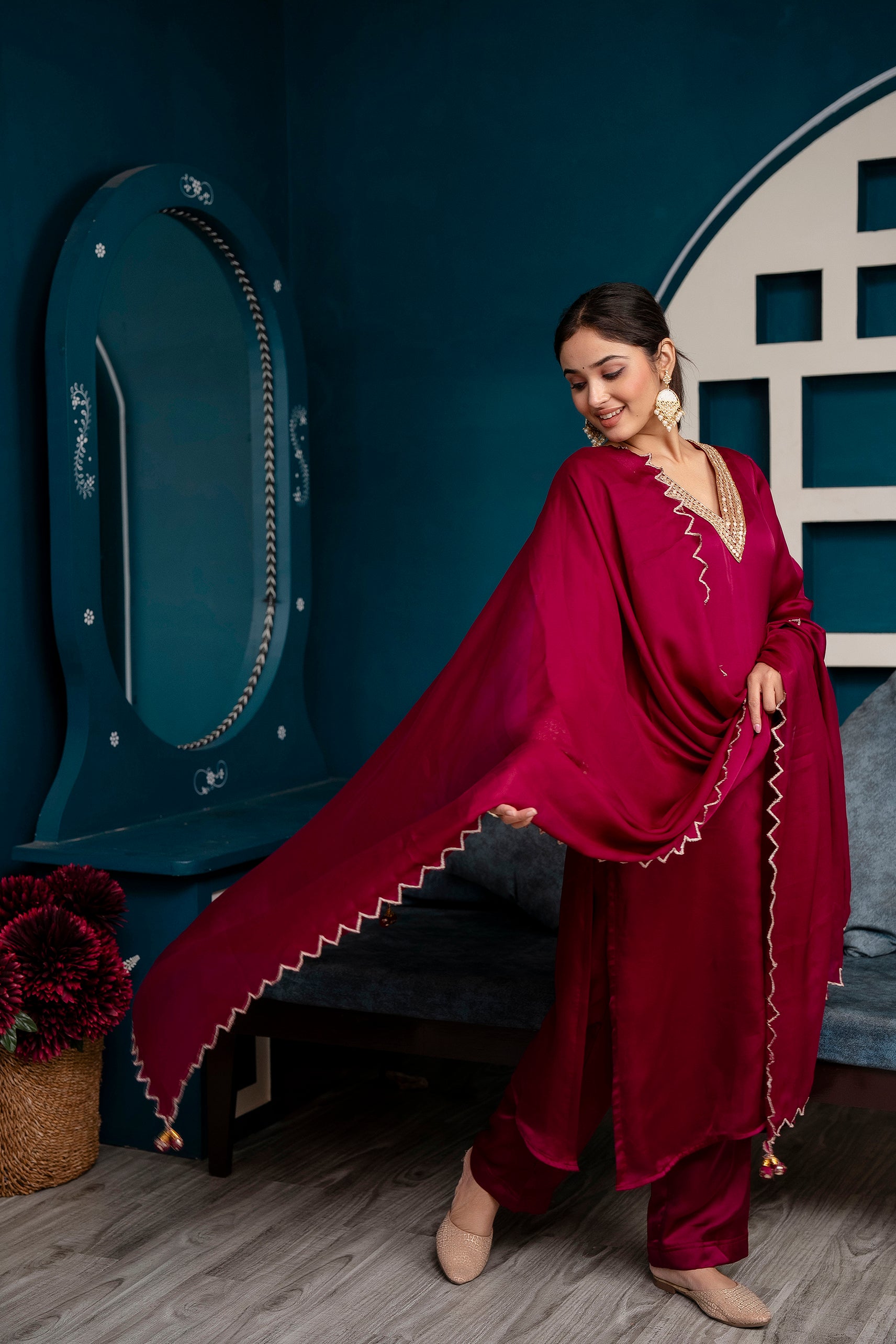 Silk Satin Kurta Set with Handcrafted Detailings, Palazzo Pant, Attached Lining, and Coordinating Dupatta