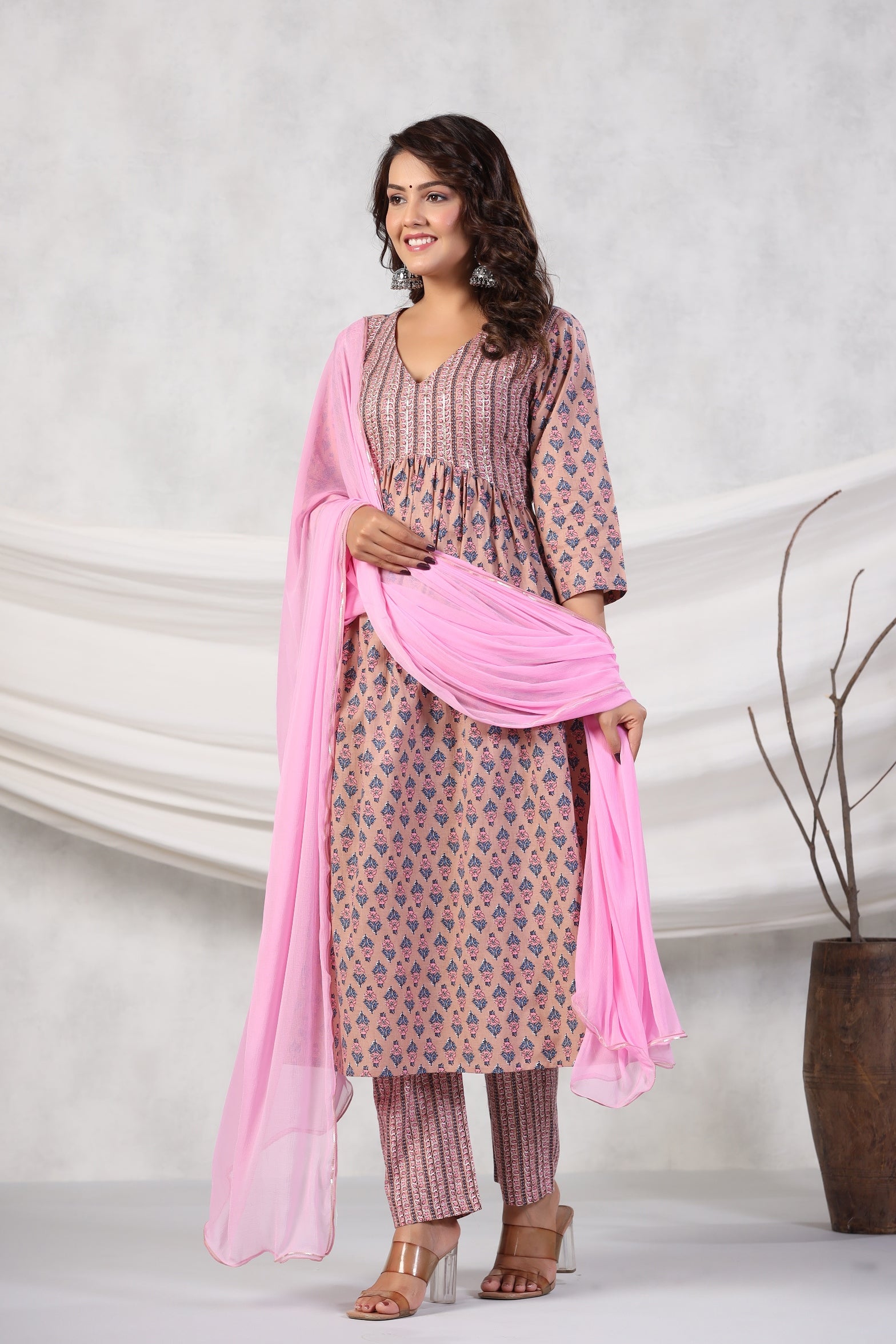 Women Pink Floral Printed Regular Sequinned Pure Cotton Kurta with Palazzos & With Dupatta