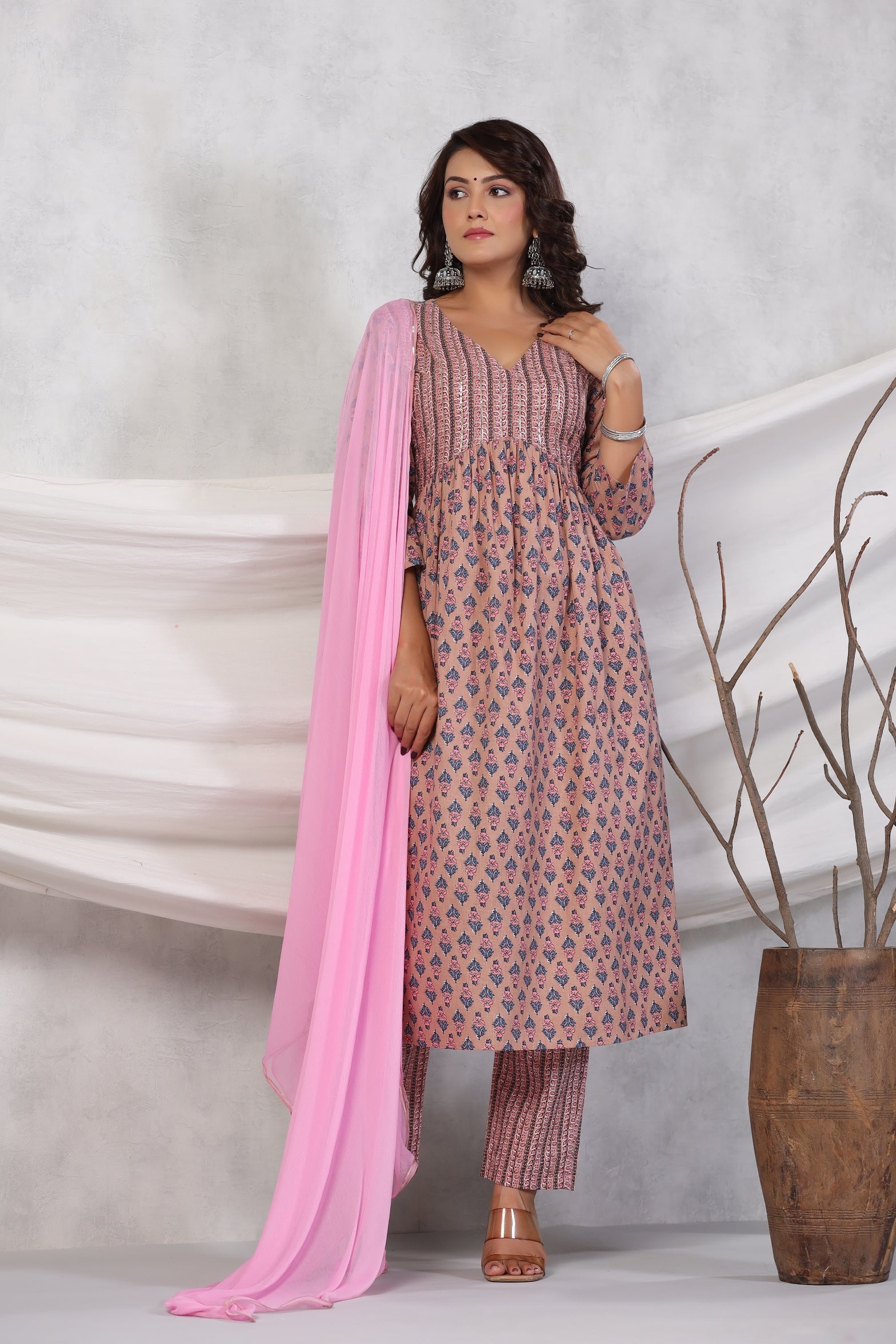Women Pink Floral Printed Regular Sequinned Pure Cotton Kurta with Palazzos & With Dupatta