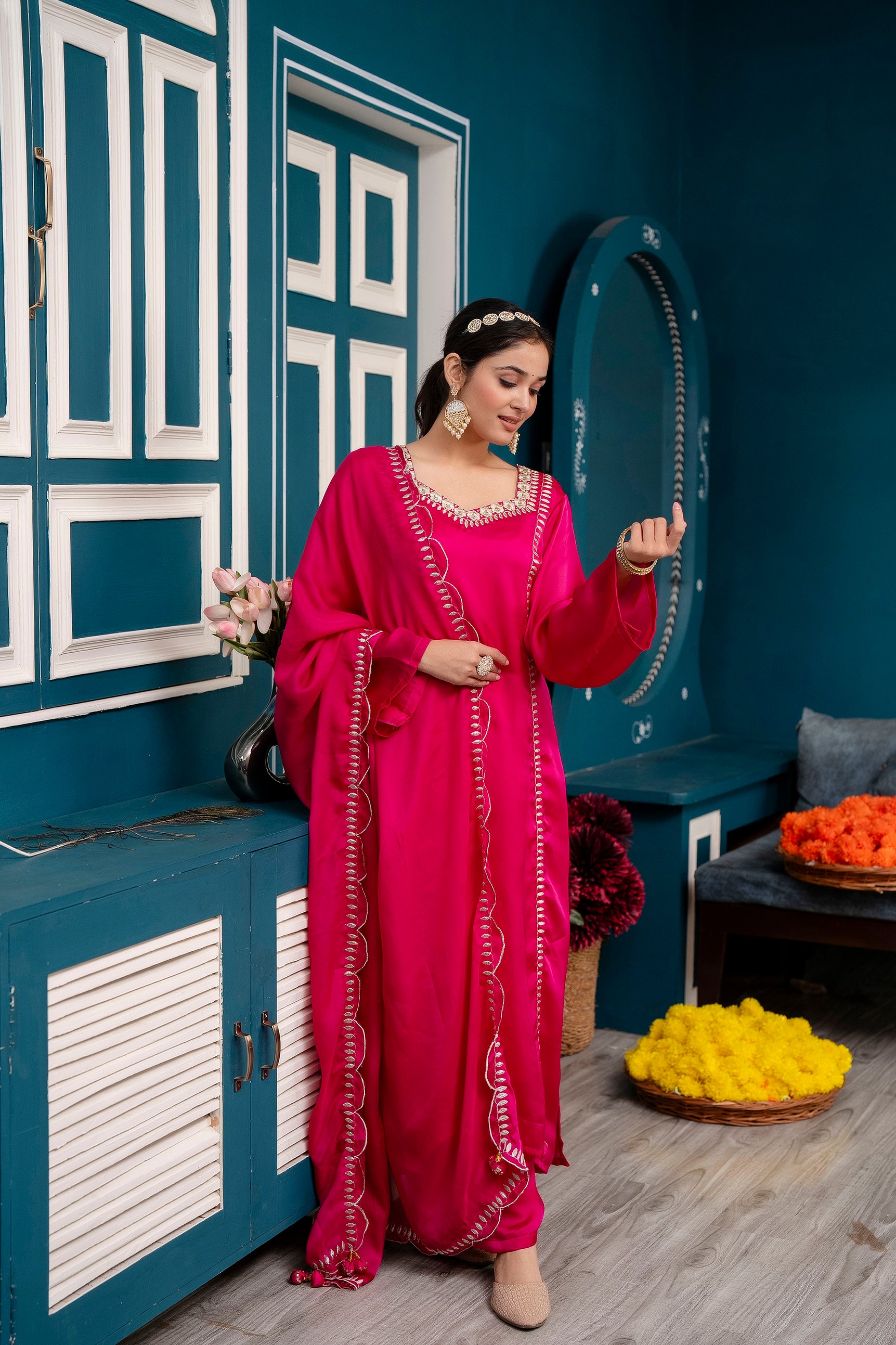 Silk Satin Kurta Set with Handcrafted Detailings, Palazzo Pant, Attached Lining, and Dupatta