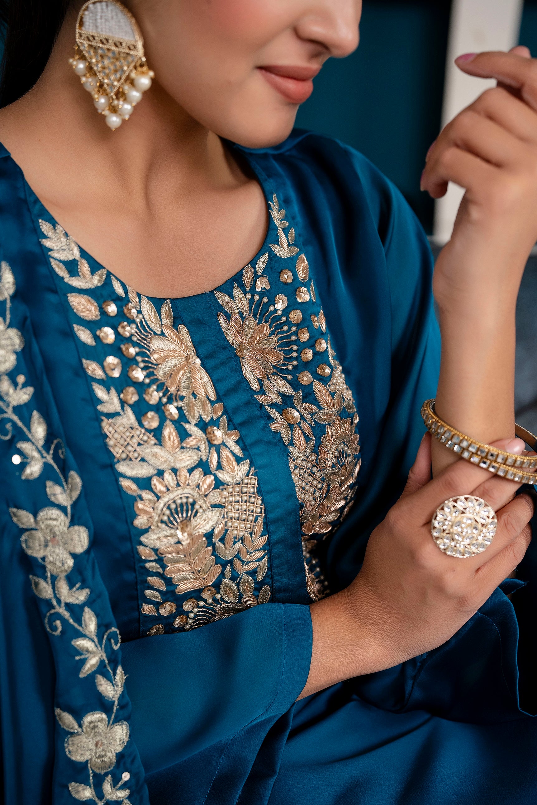 Silk Satin Kurta Set with Exquisite Hand Detailing Palazzo Pants and Dupatta