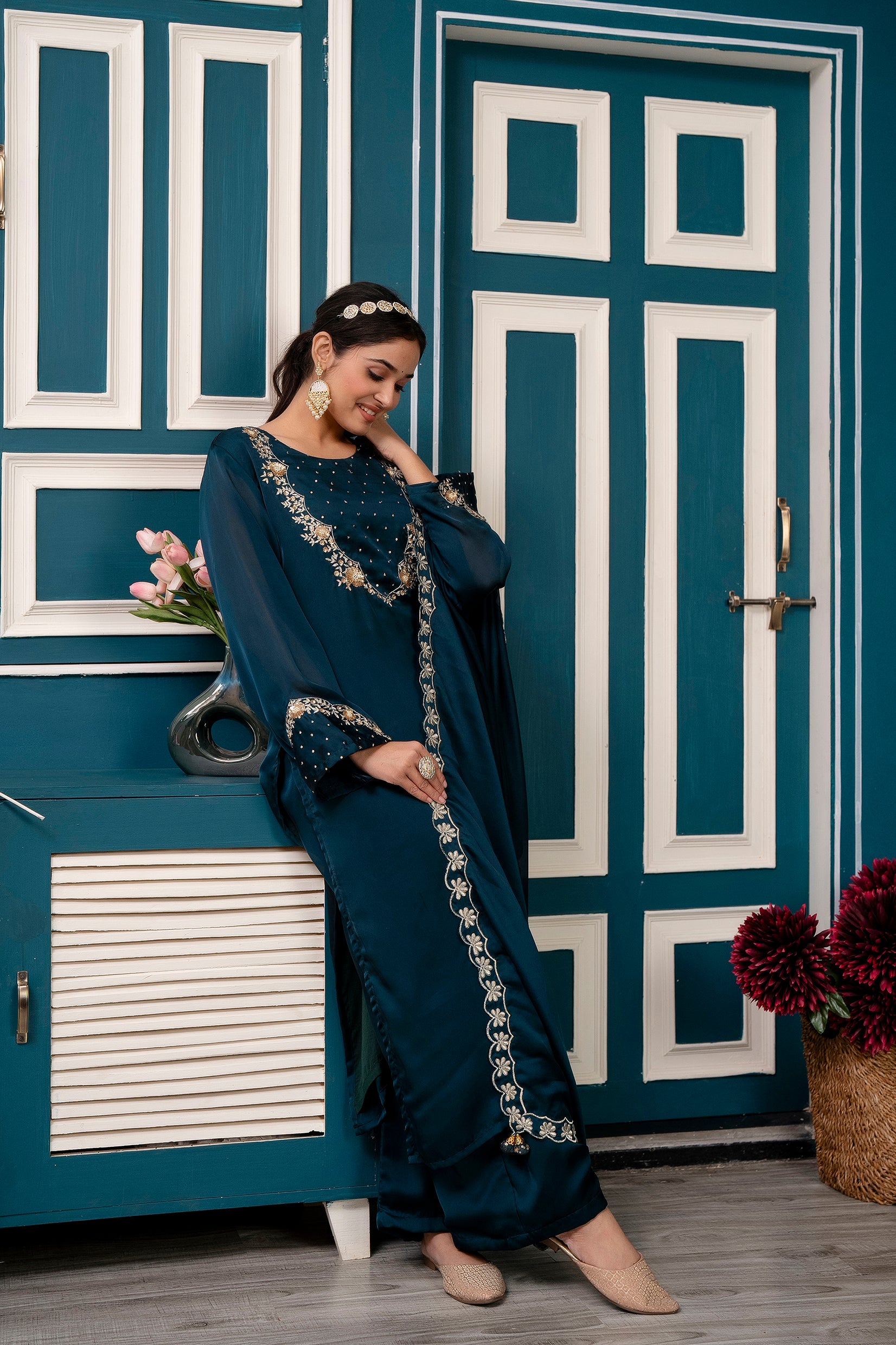 Silk Satin Kurta Set with Intricate Hand Detailings, Palazzo Pant, Attached Lining, and Dupatta