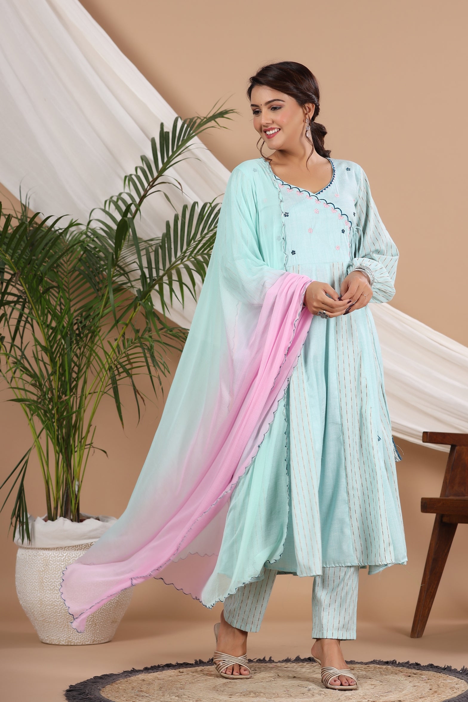 Floral Embroidered Thread Work Pure Cotton Kurta with Palazzos & Dupatta