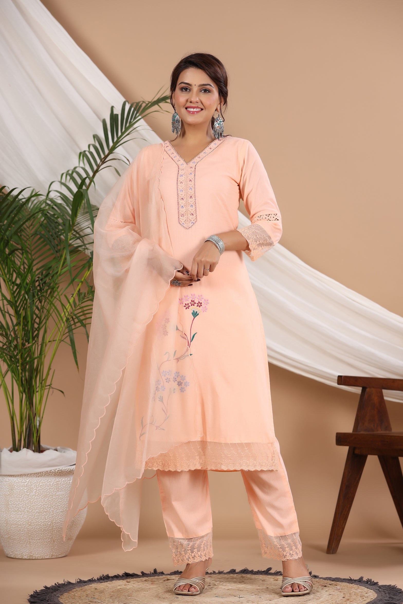 V Neck Floral Embroidered Pure Cotton Straight Kurta with Palazzos & Dupatta