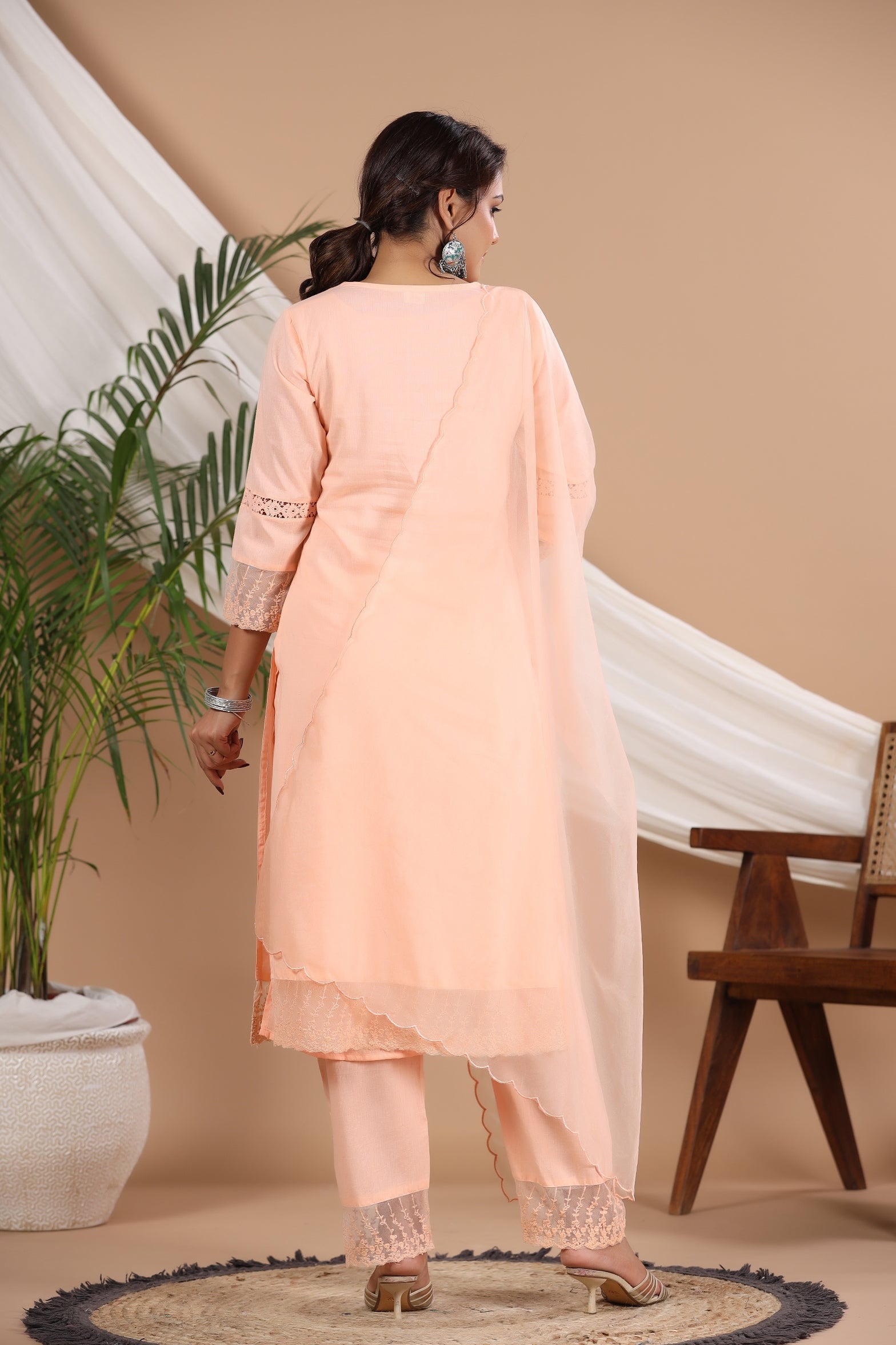 V Neck Floral Embroidered Pure Cotton Straight Kurta with Palazzos & Dupatta