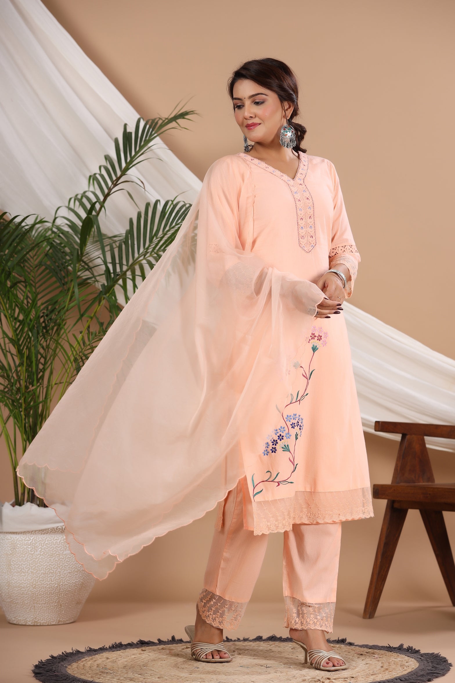 V Neck Floral Embroidered Pure Cotton Straight Kurta with Palazzos & Dupatta