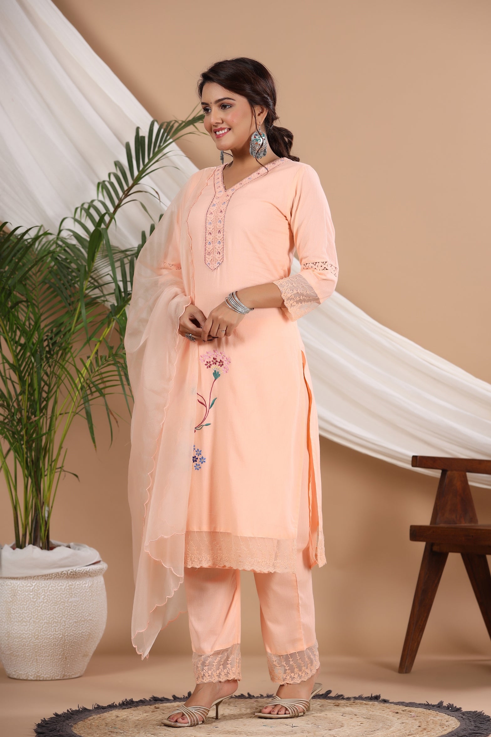 V Neck Floral Embroidered Pure Cotton Straight Kurta with Palazzos & Dupatta