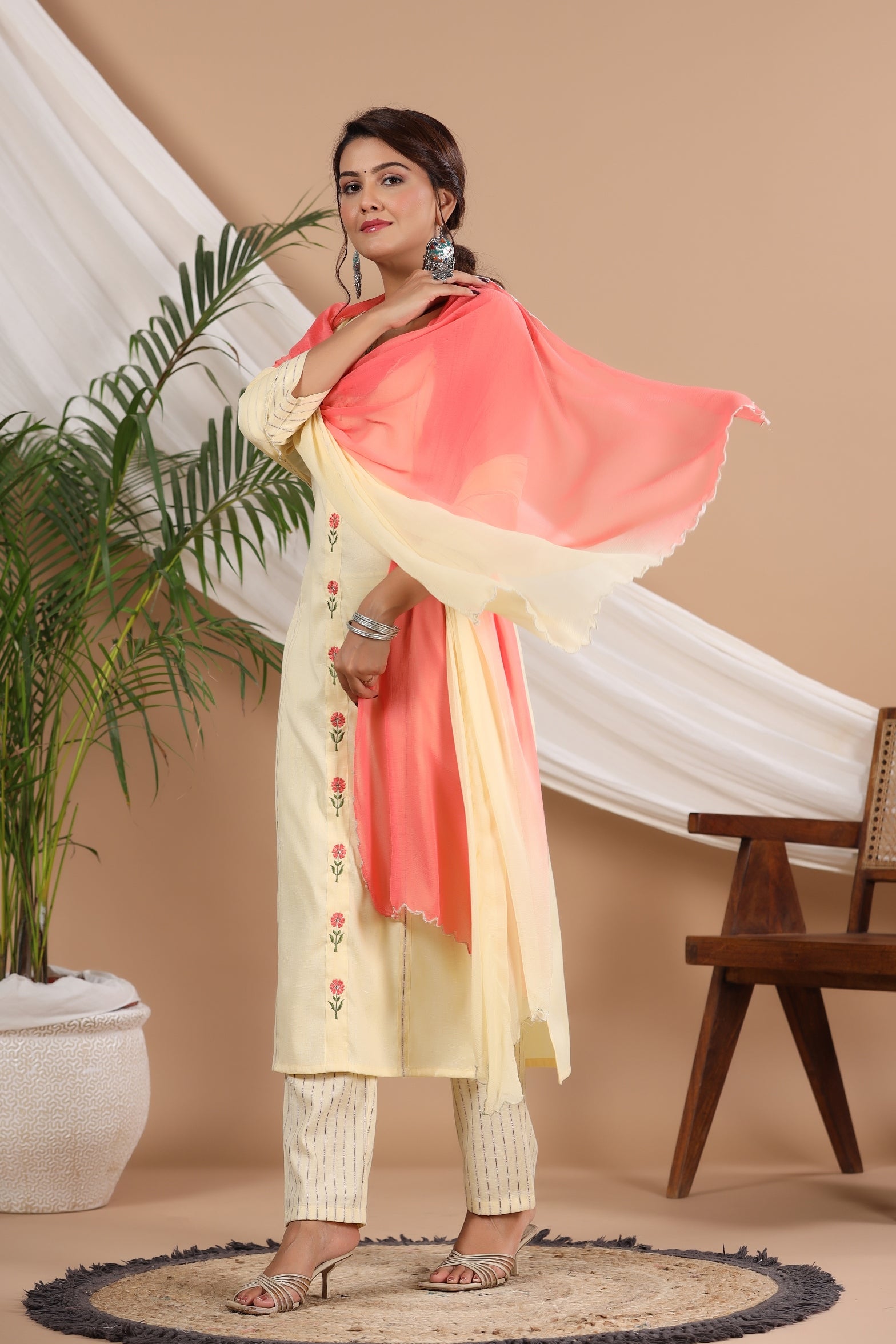 Round Neck Floral Embroidered Pure Cotton Kurta with Trousers & Dupatta
