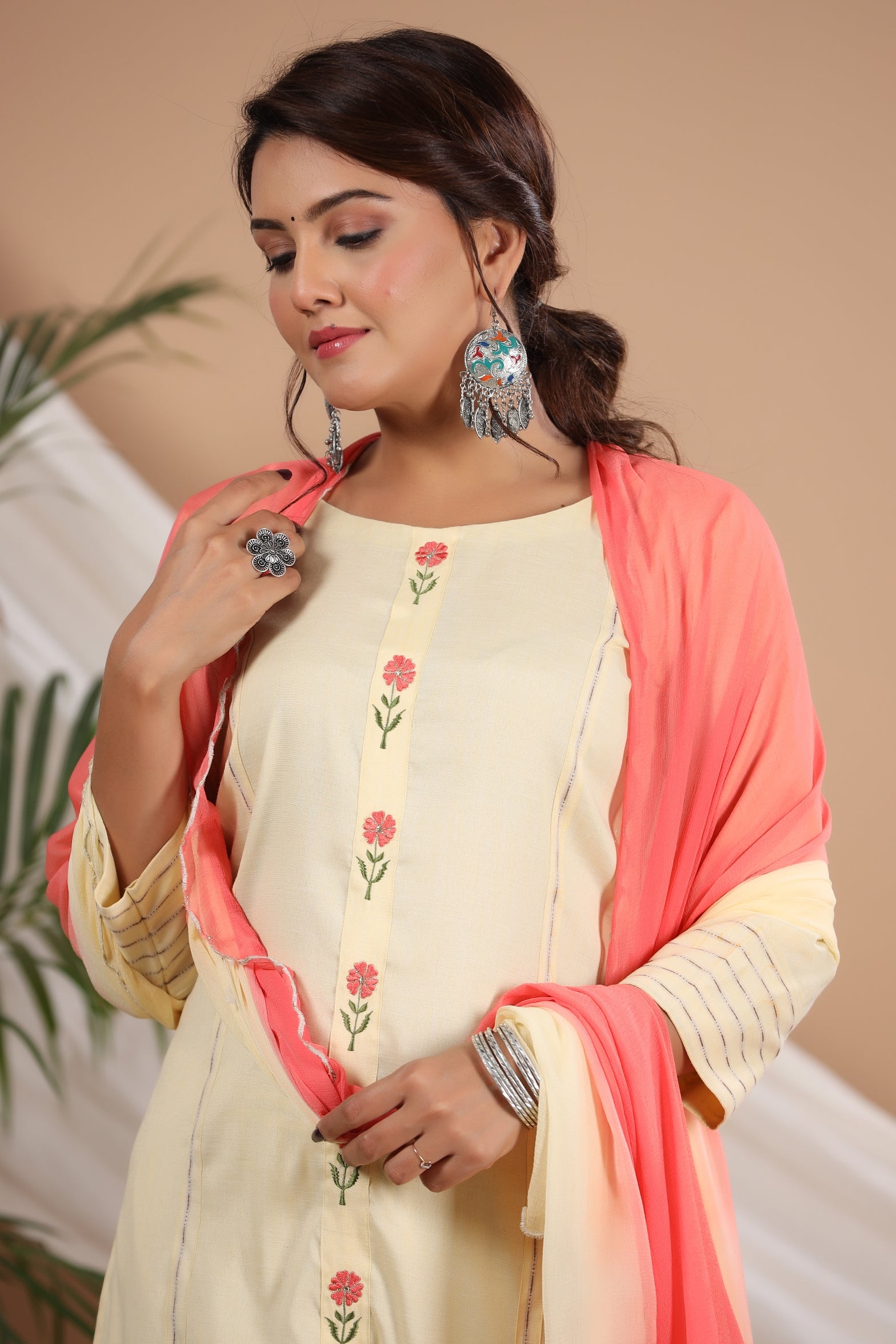 Round Neck Floral Embroidered Pure Cotton Kurta with Trousers & Dupatta