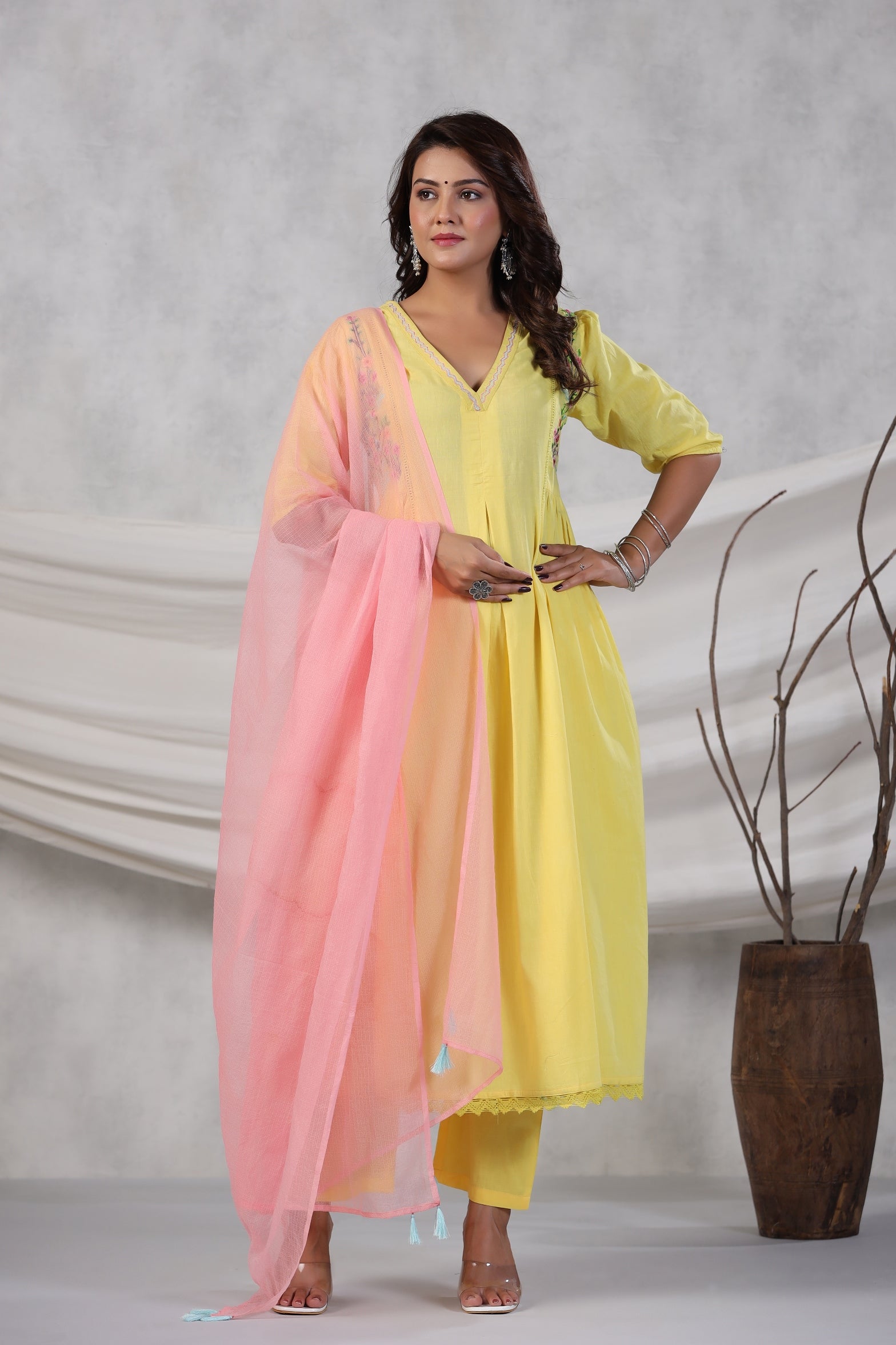 Pleated Cotton Kurta with Trousers & Dupatta