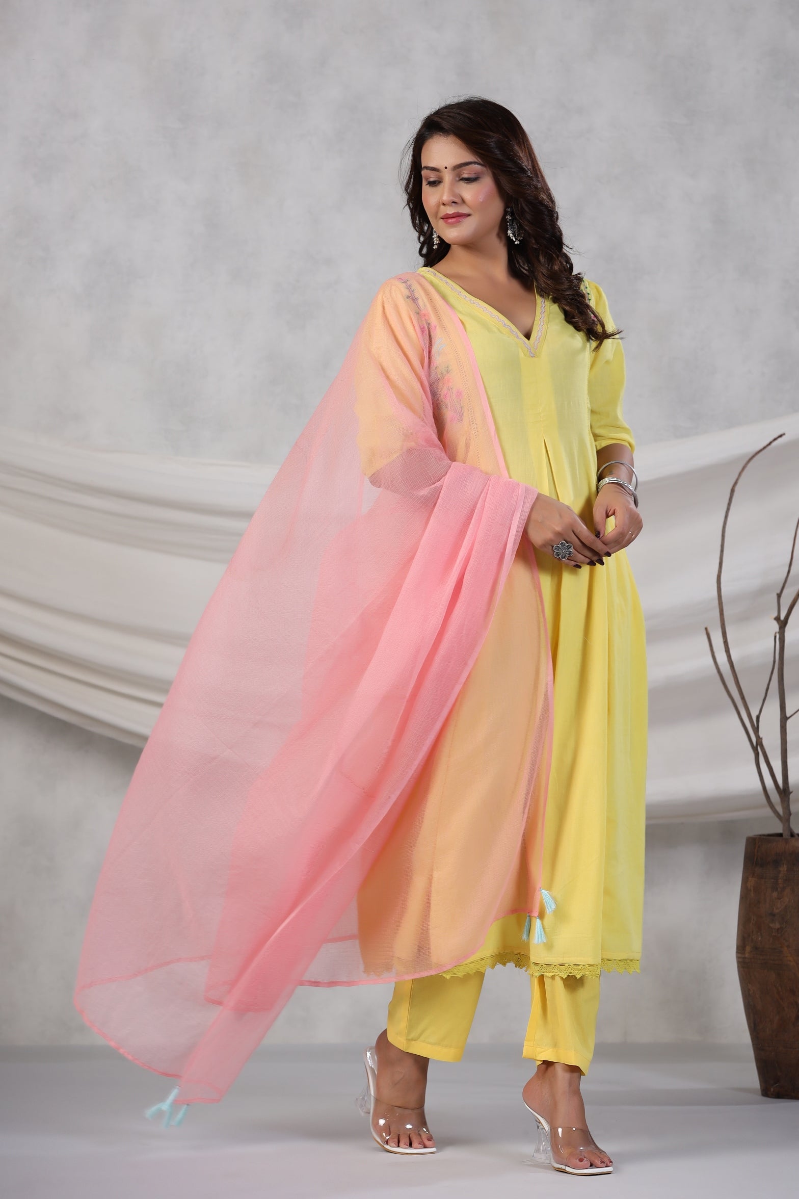 Pleated Cotton Kurta with Trousers & Dupatta