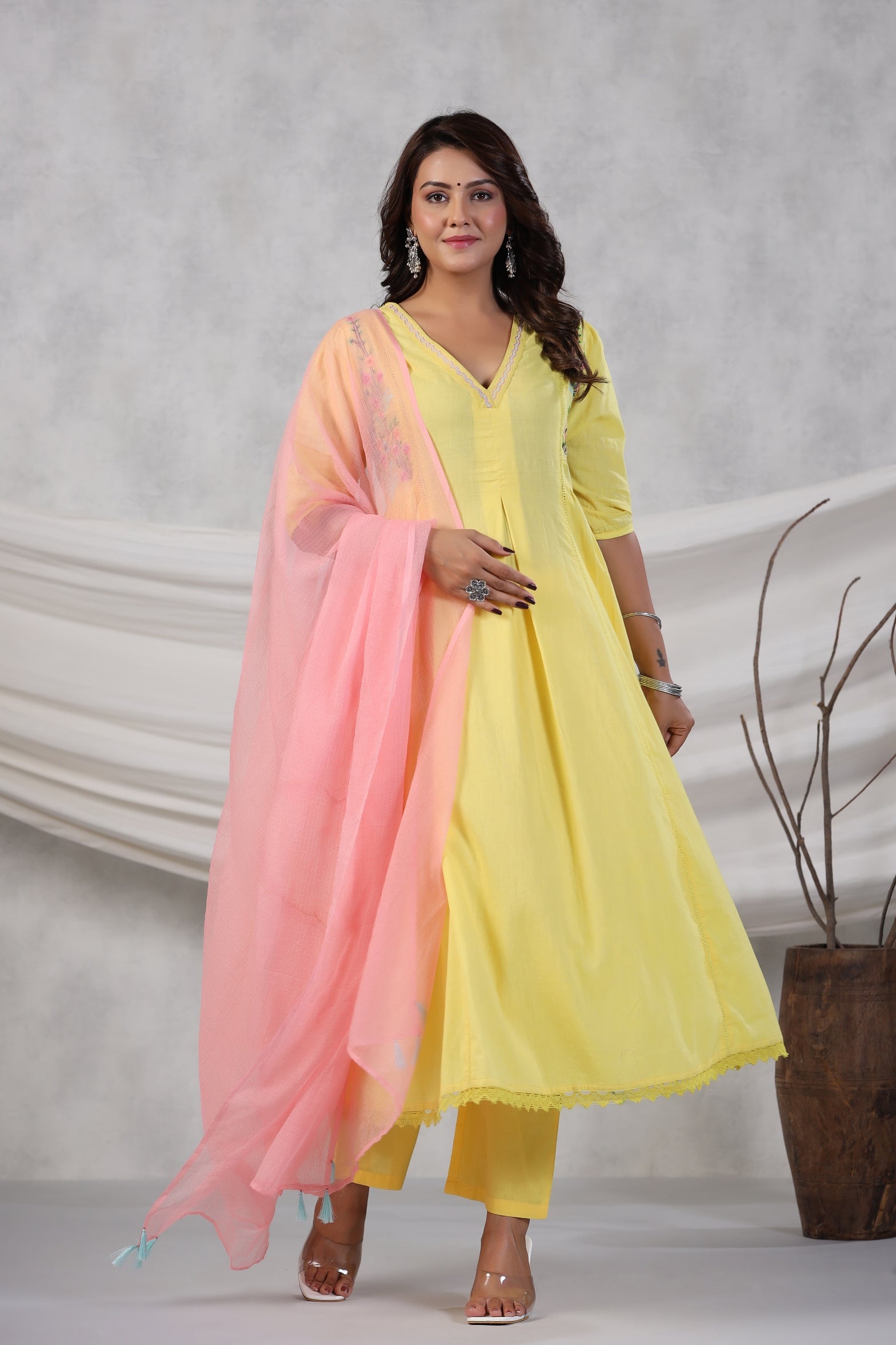 Pleated Cotton Kurta with Trousers & Dupatta