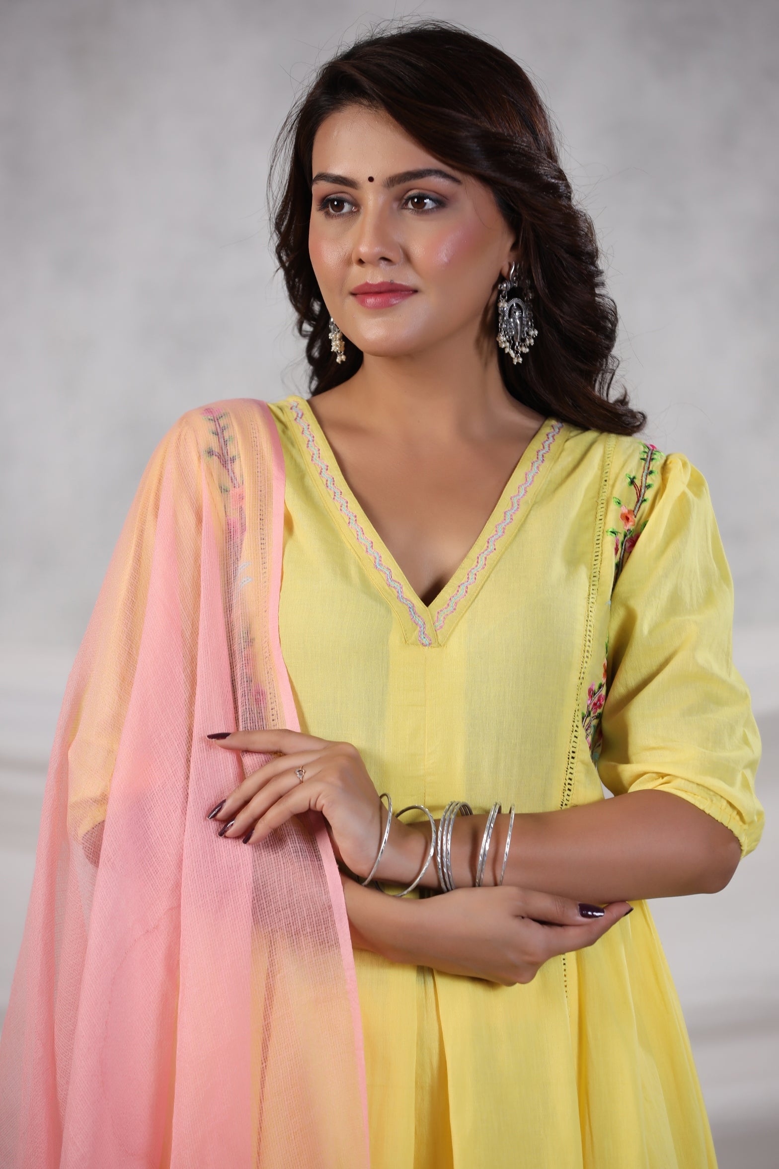 Pleated Cotton Kurta with Trousers & Dupatta