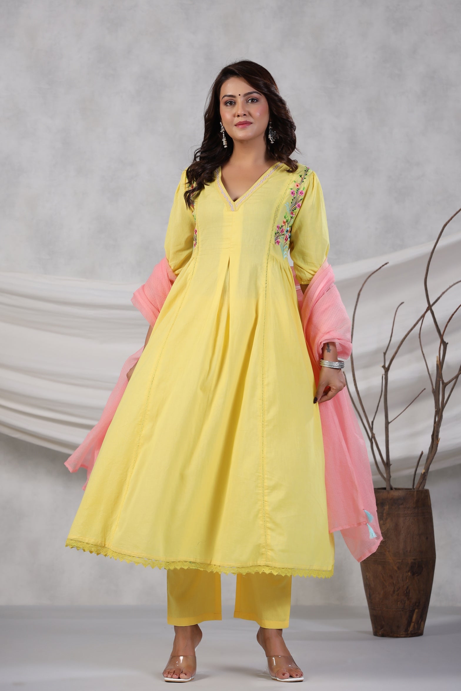 Pleated Cotton Kurta with Trousers & Dupatta