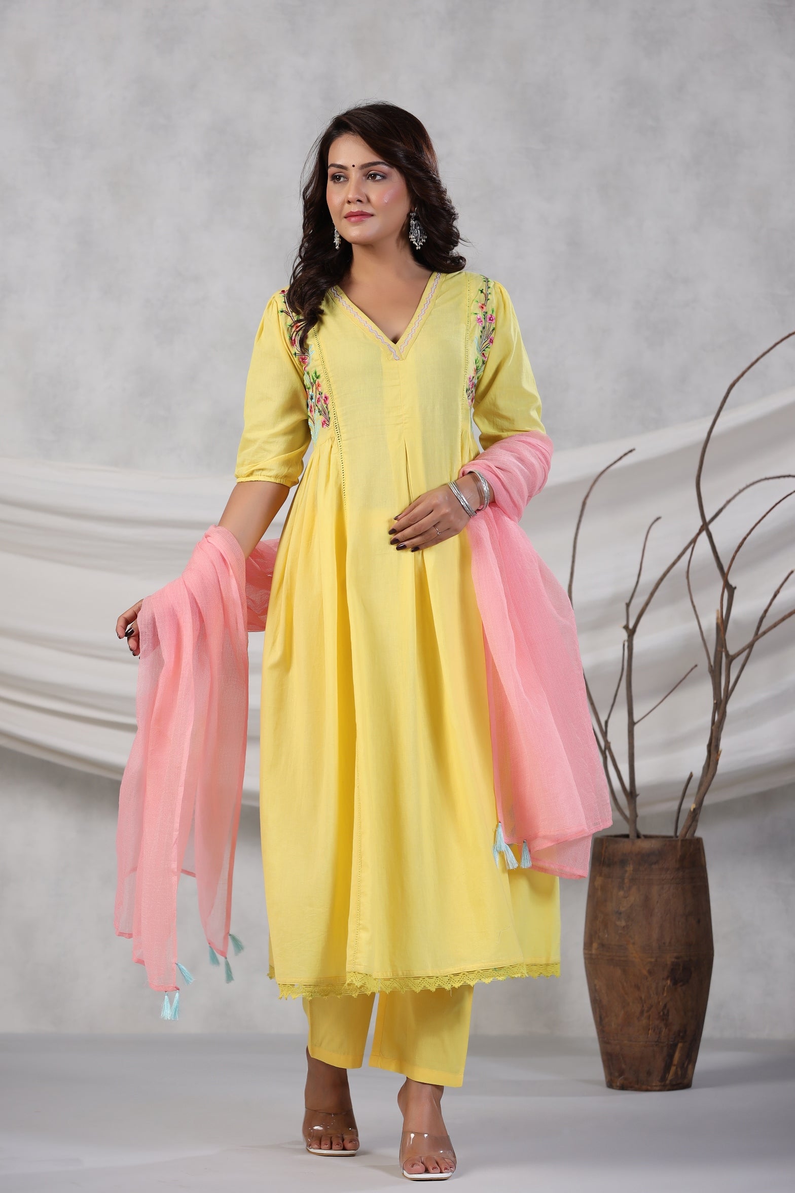 Pleated Cotton Kurta with Trousers & Dupatta