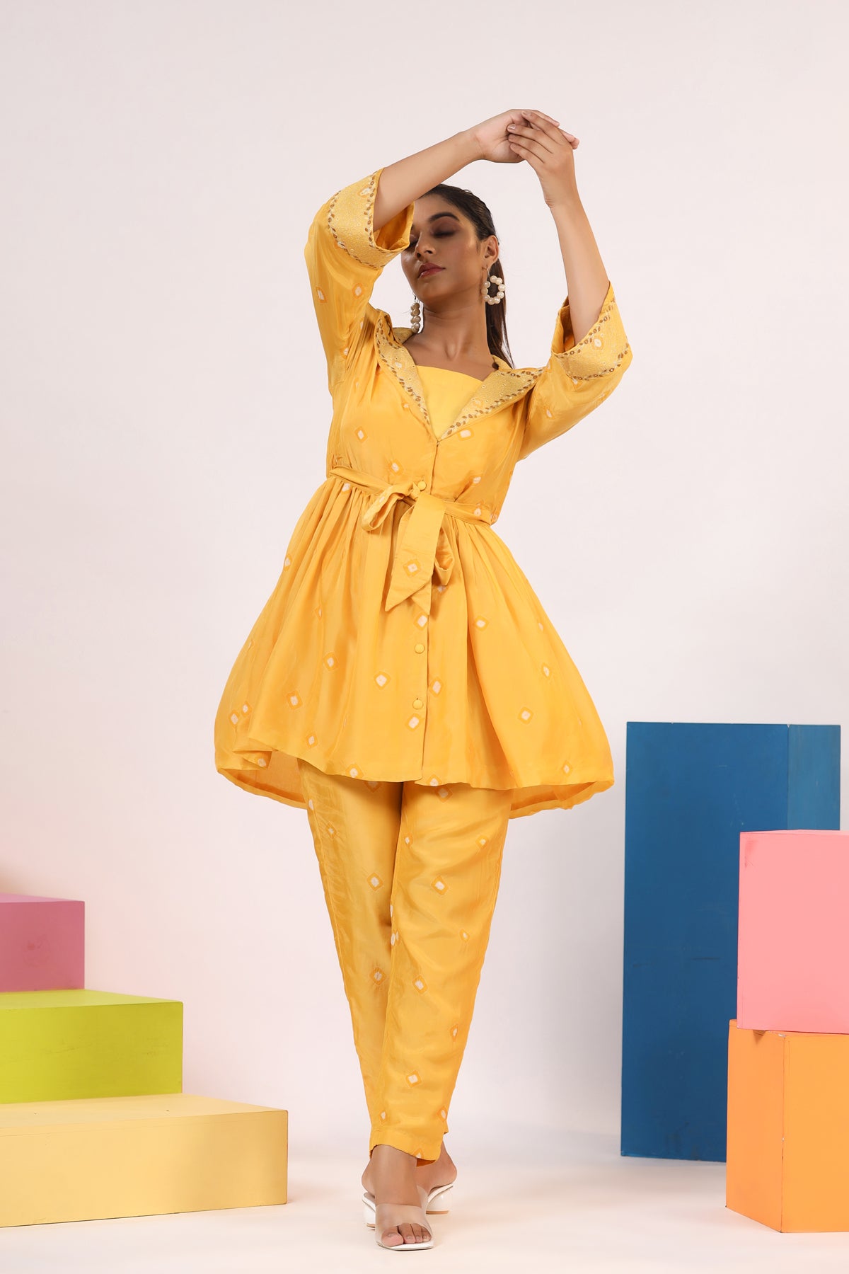 YELLOW EMBROIDERED SILK COORD SET