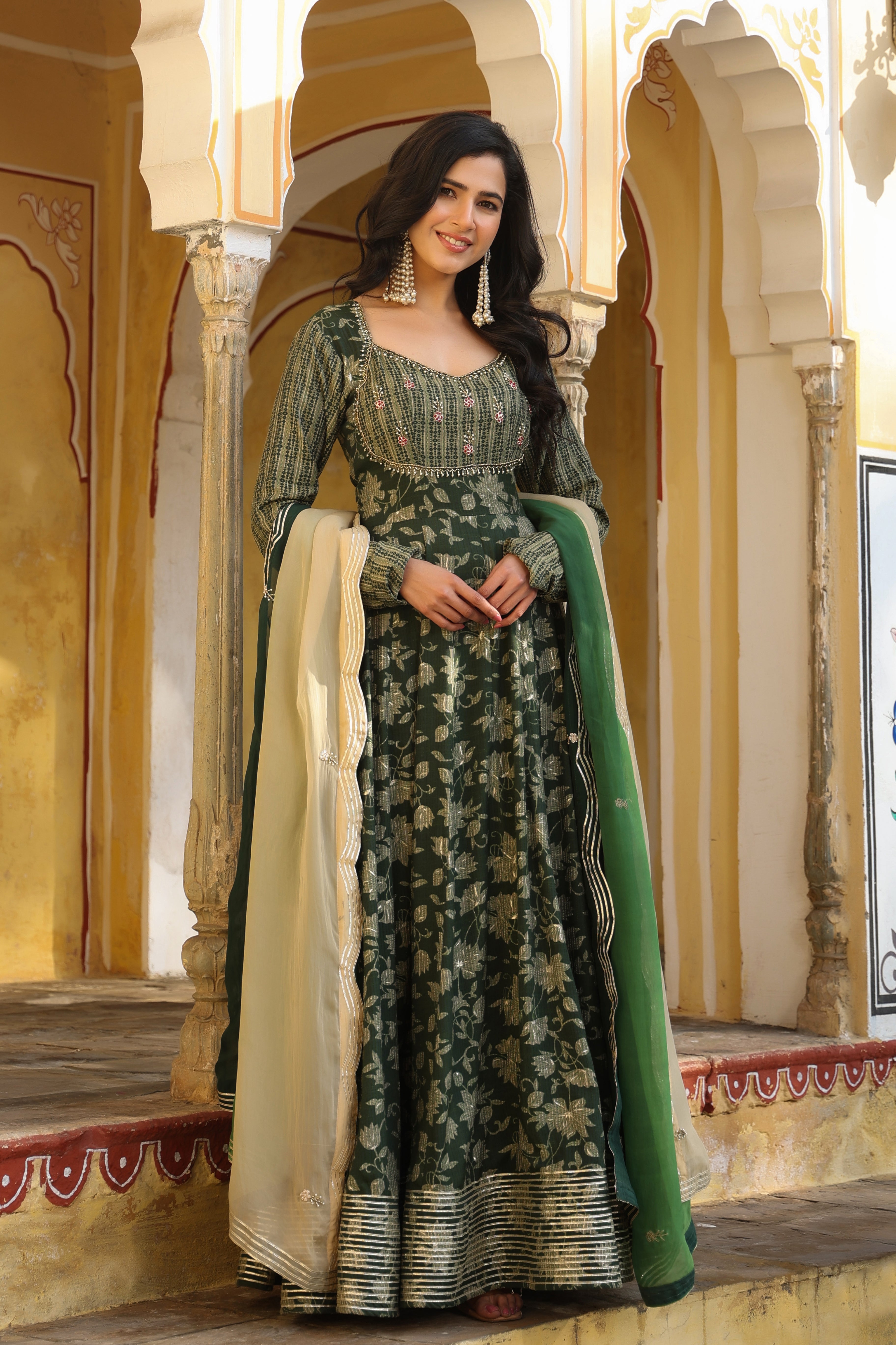 ABEELA PRINTED RAYON GREEN GOWN WITH SHADED DUPATTA
